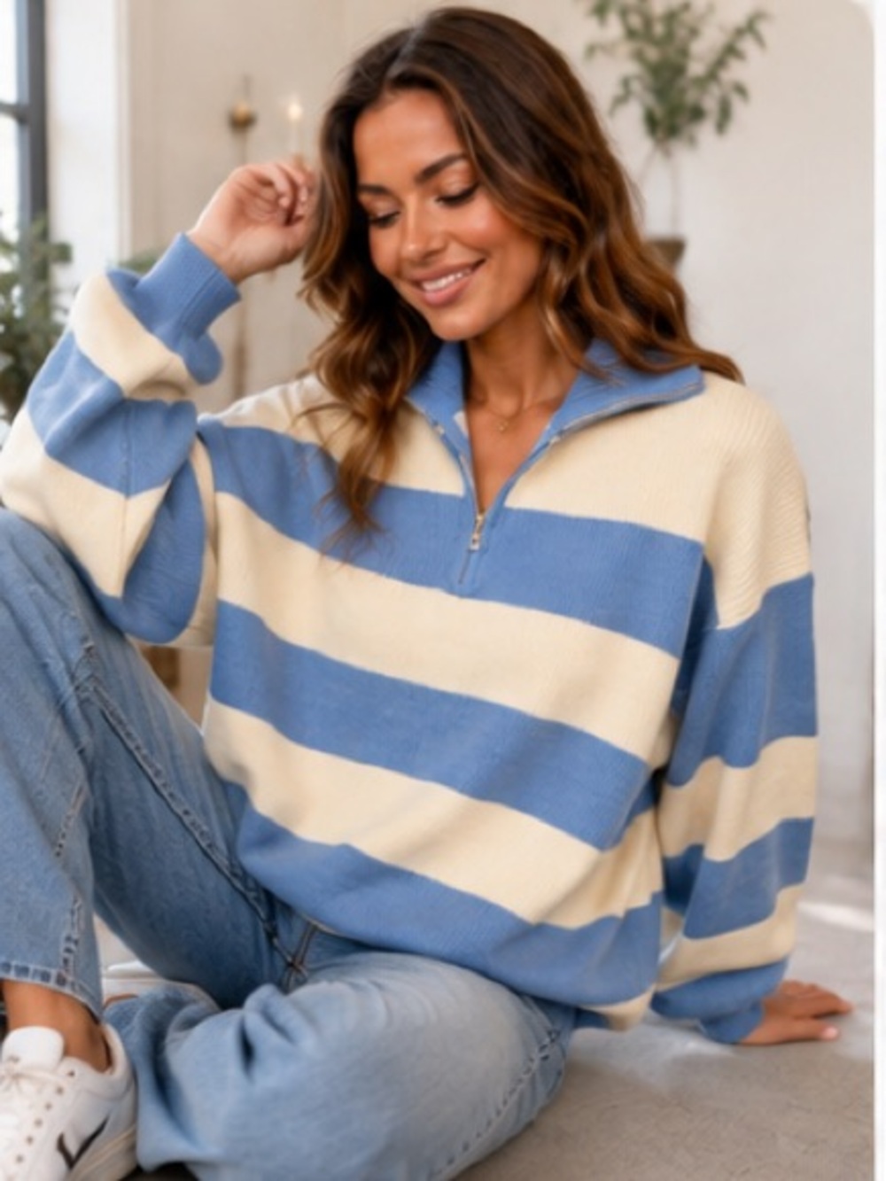 Striped Half-Zip Sweater Pullover - Blue and Cream - Picture 2 of 3